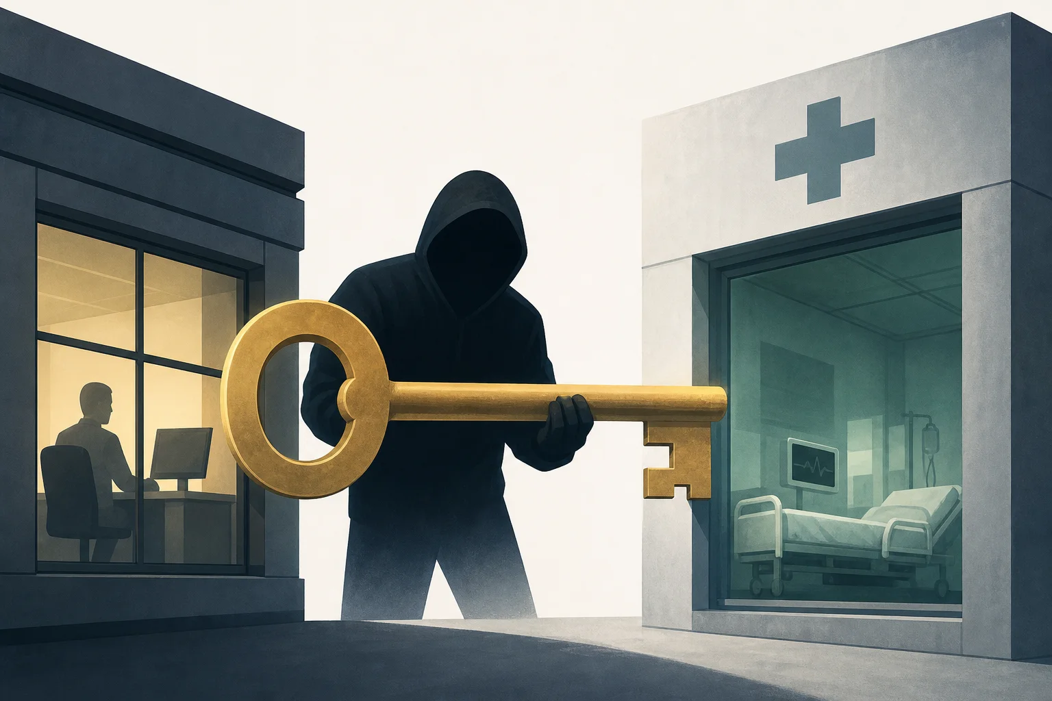 AI-generated story-specific editorial illustration for Trusted Access Is the Common Risk Behind Nikkei’s Mailbox Breaches and a Long-Lived Healthcare Intrusion.
