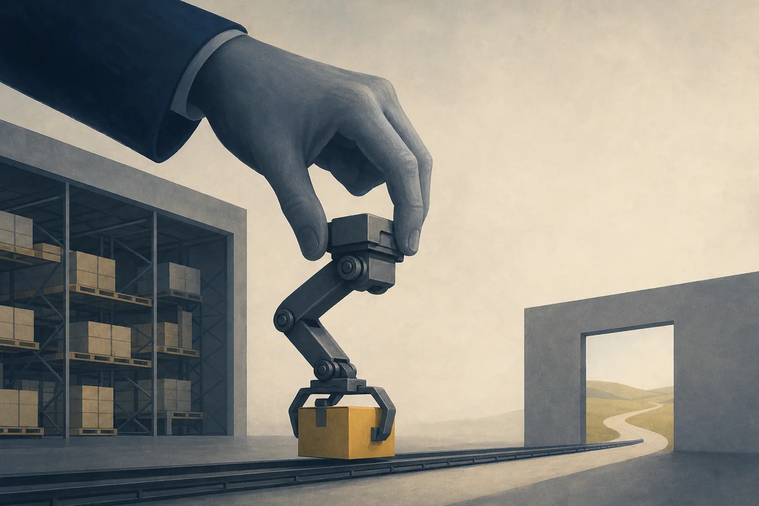 AI-generated story-specific editorial illustration for Symbotic’s Walmart Dependence Is Also a Test of Whether Warehouse Robotics Can Travel.