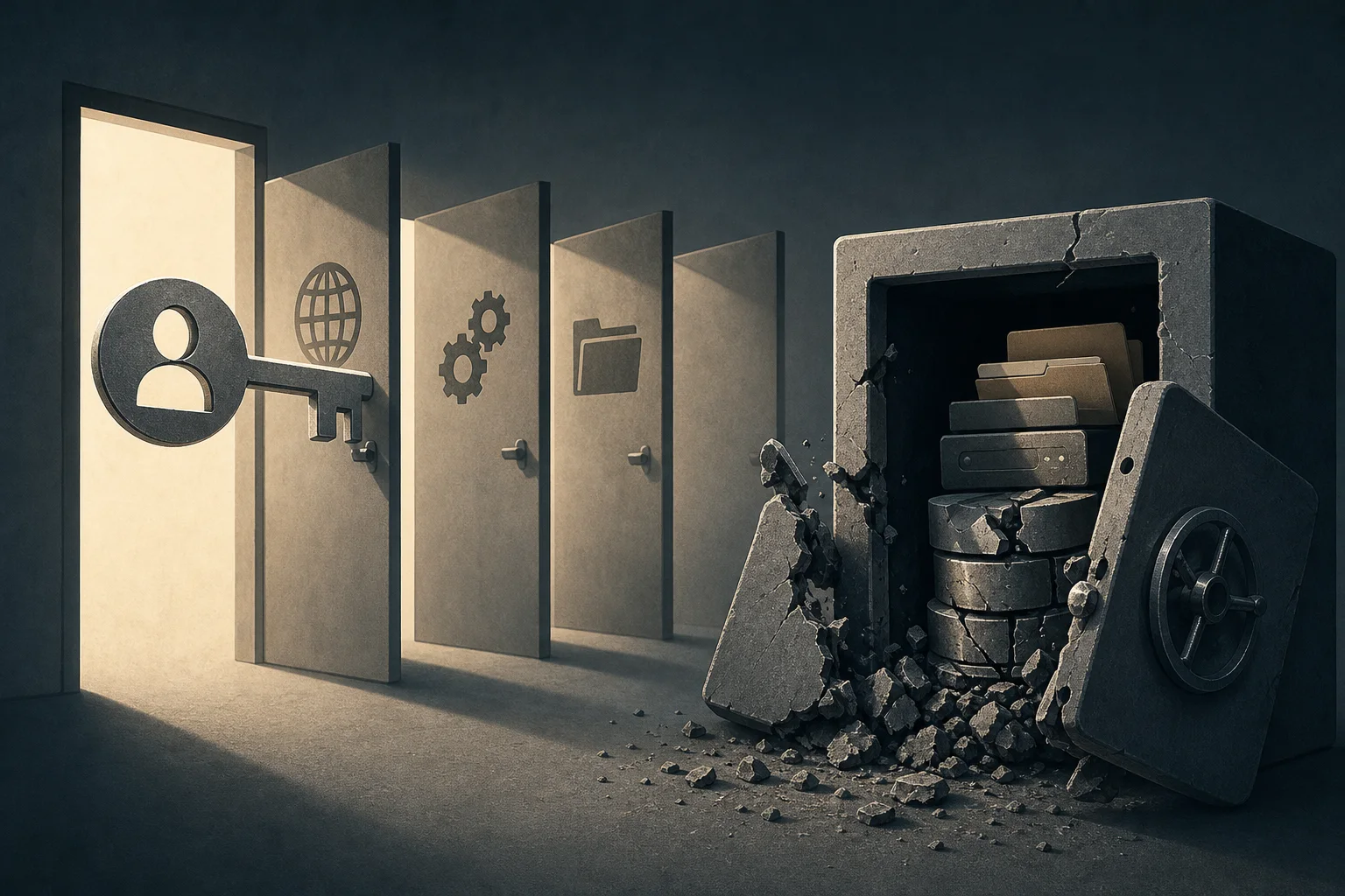 AI-generated story-specific editorial illustration for SafePay’s advantage is not one exploit—it is the path from identity access to recovery failure.