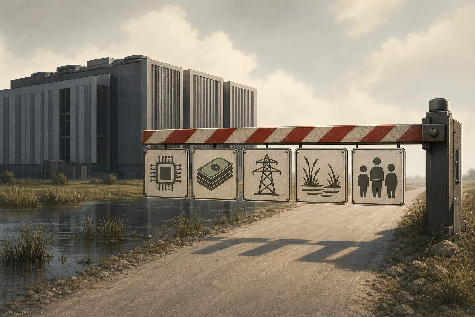 AI-generated story-specific editorial illustration for AI Infrastructure’s Bottleneck Is Moving From Chips to Permission.