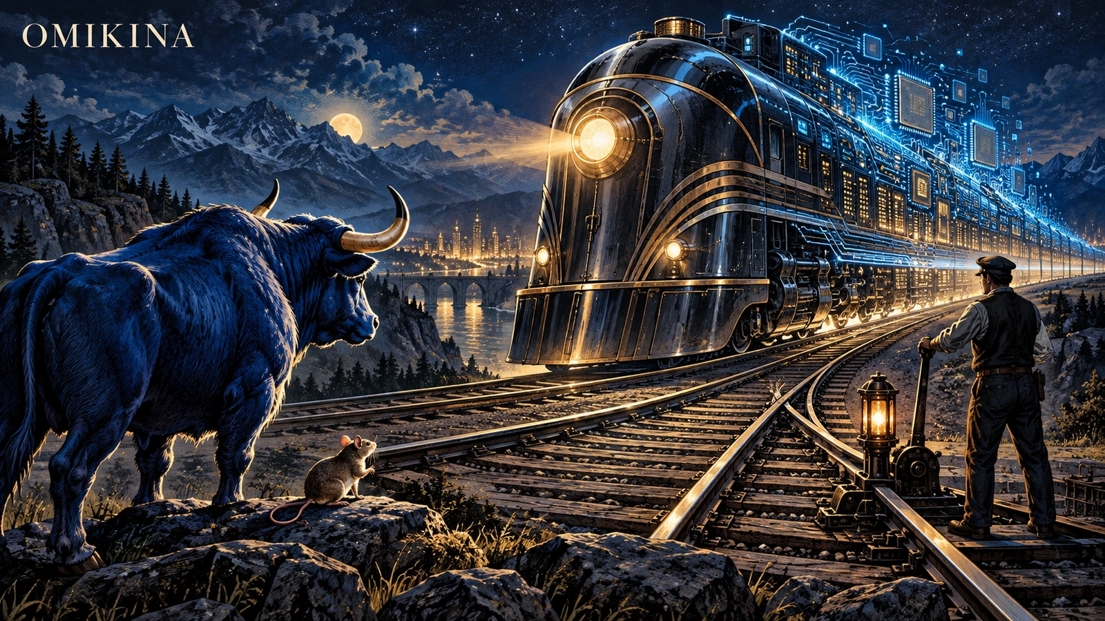 Conceptual OMIKINA illustration: a blue ox and tiny mouse face a vast locomotive transforming into circuitry while a human engineer operates a railway switch.