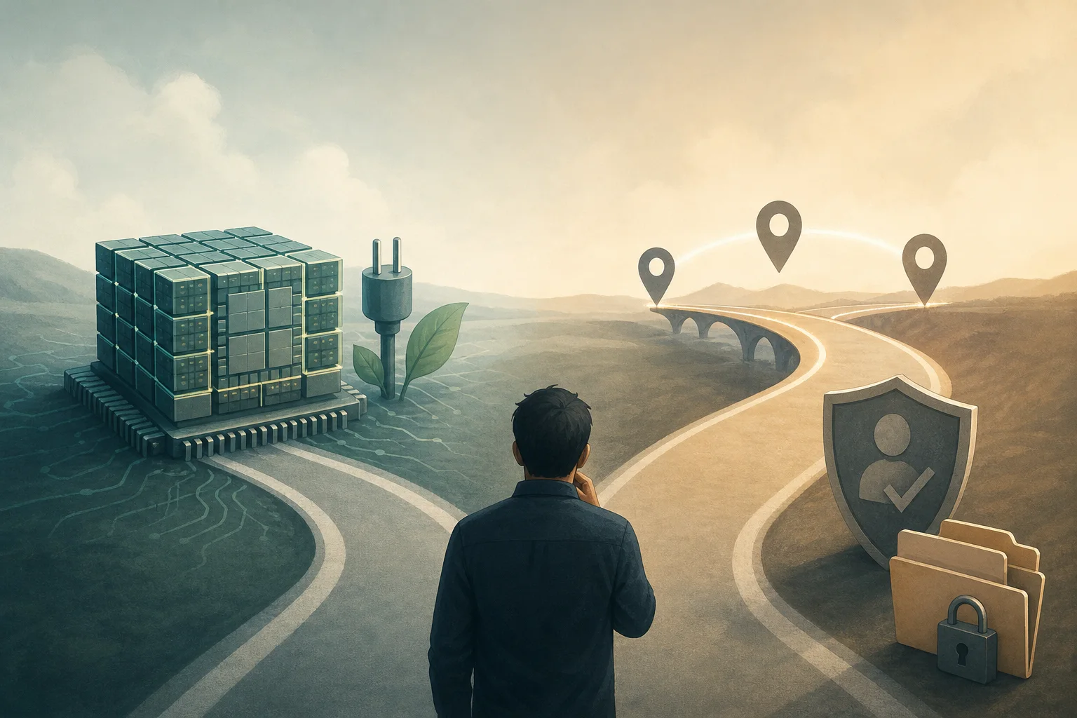 AI-generated story-specific editorial illustration for Inference Pressure Has Two Different Fixes: Build More Efficient Silicon or Route Around Capacity.