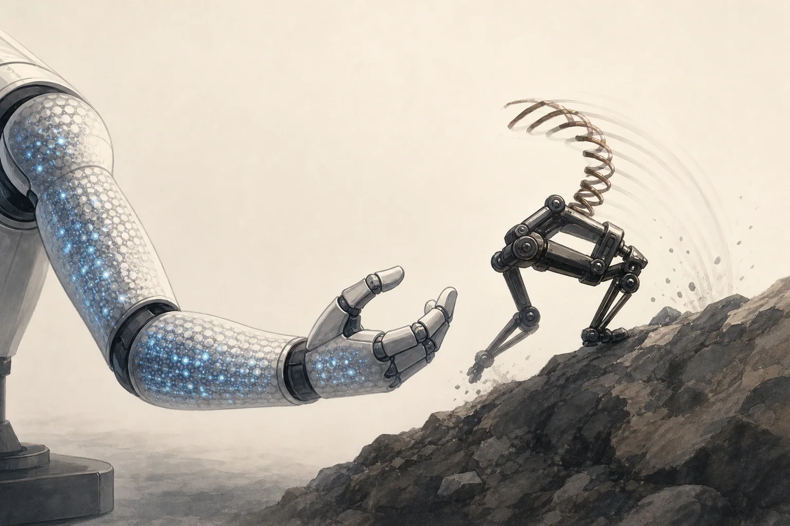 AI-generated story-specific editorial illustration for Embodied robotics is splitting its intelligence between skin and springs.