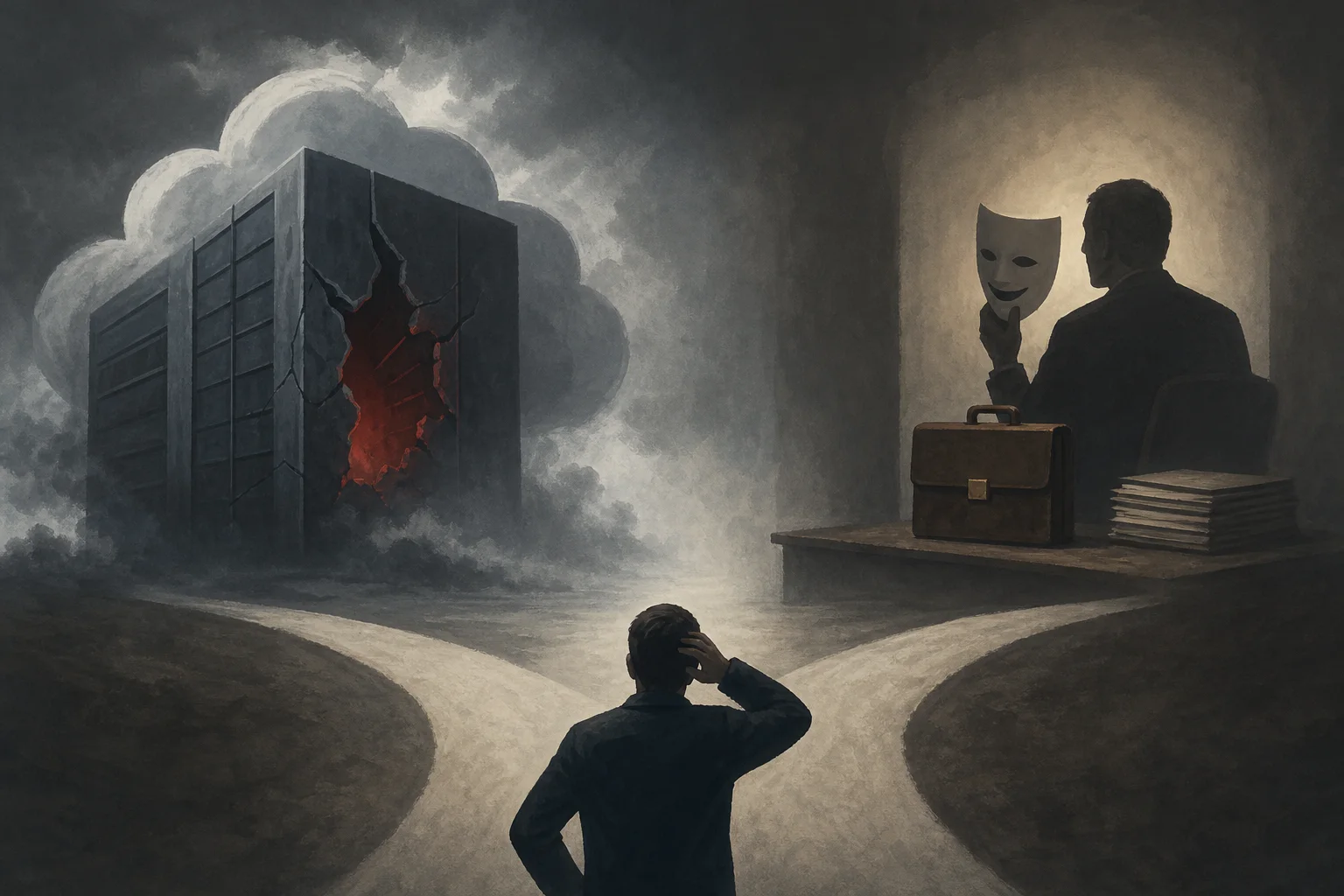 AI-generated story-specific editorial illustration for A cloud outage and a recovery-fraud case expose ransomware’s two vendor-risk layers.
