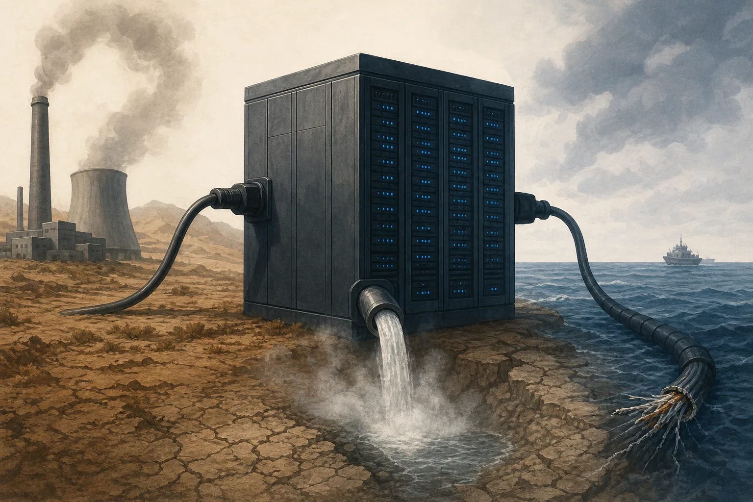 AI-generated story-specific editorial illustration for AI’s infrastructure problem is no longer just chips: it is power, route diversity and the limits of local control.