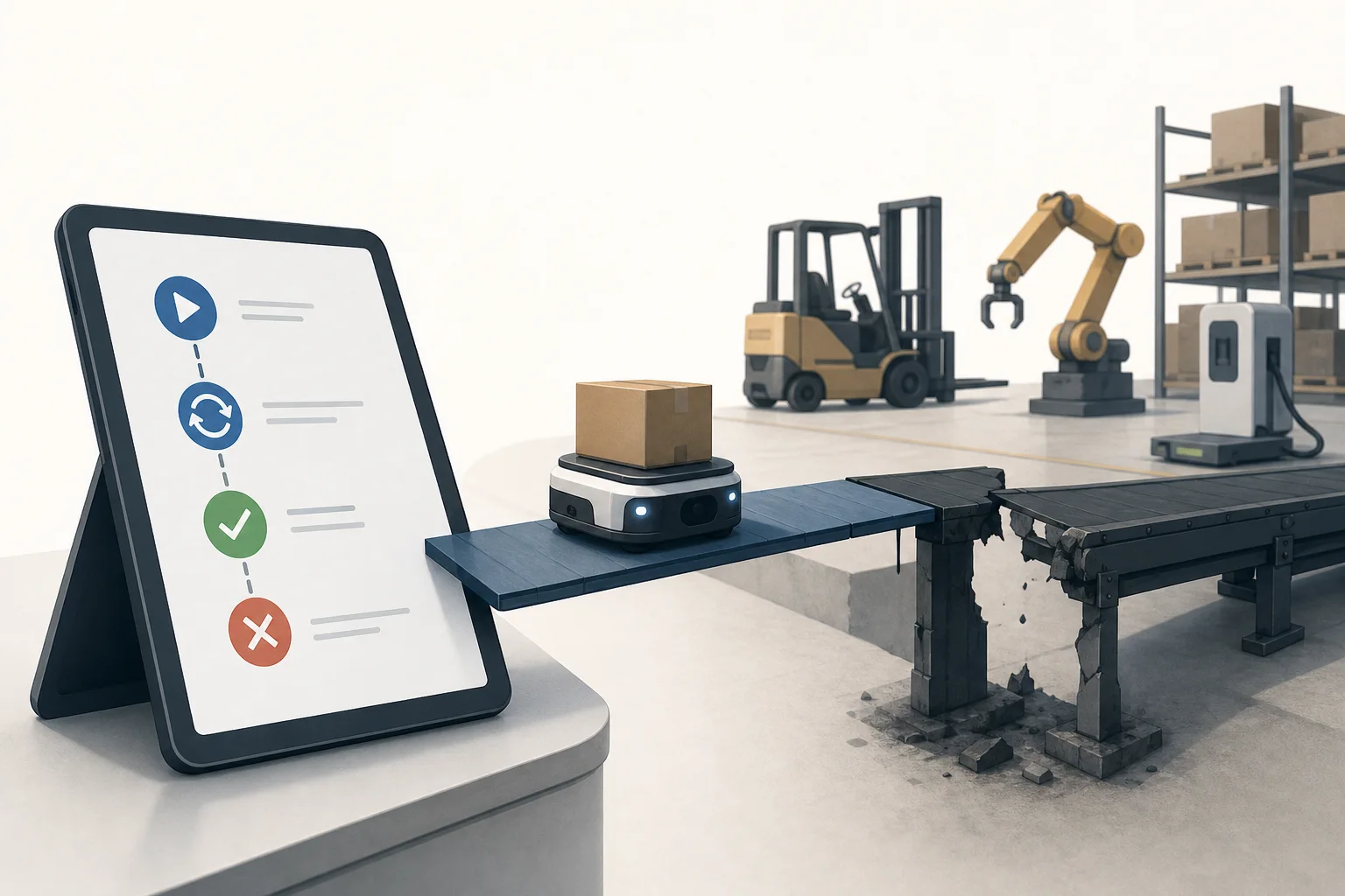AI-generated story-specific editorial illustration for Browser-Controlled ROS Actions Make Robot Access Easier. Warehouse Uptime Still Depends on the Rest of the System..