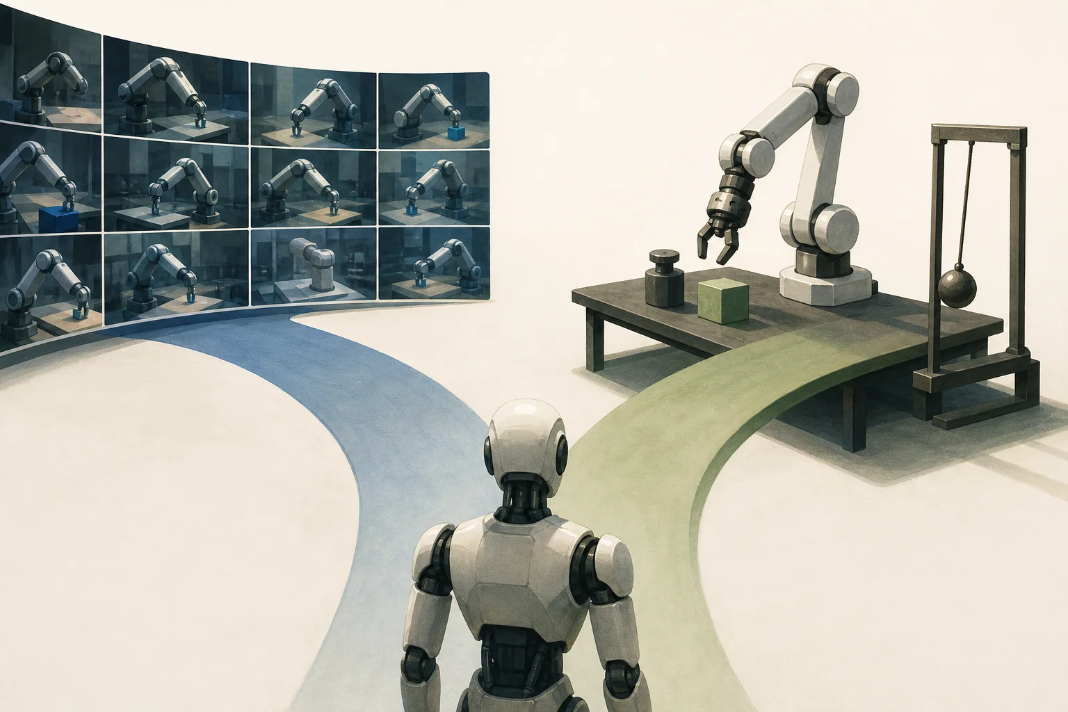 AI-generated story-specific editorial illustration for Robot Simulation’s Fork: Learn the World or Design Better Experiments.