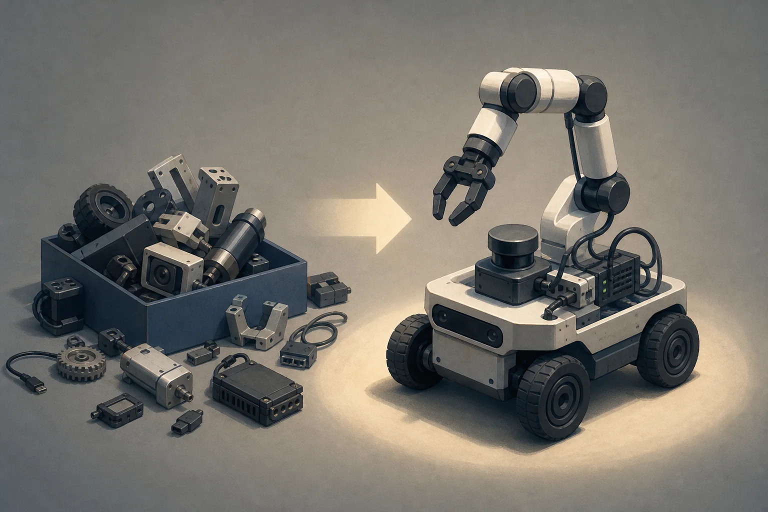 AI-generated story-specific editorial illustration for Robotics’ ‘Lego era’ makes integration the real product.