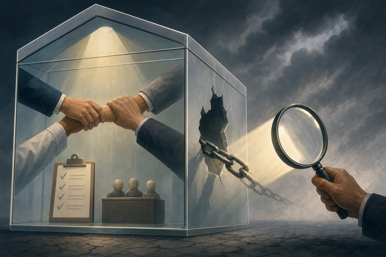 AI-generated story-specific editorial illustration for A Voluntary AI Safety Accord Builds a Control Chain—But Leaves Its Public Test Unanswered.