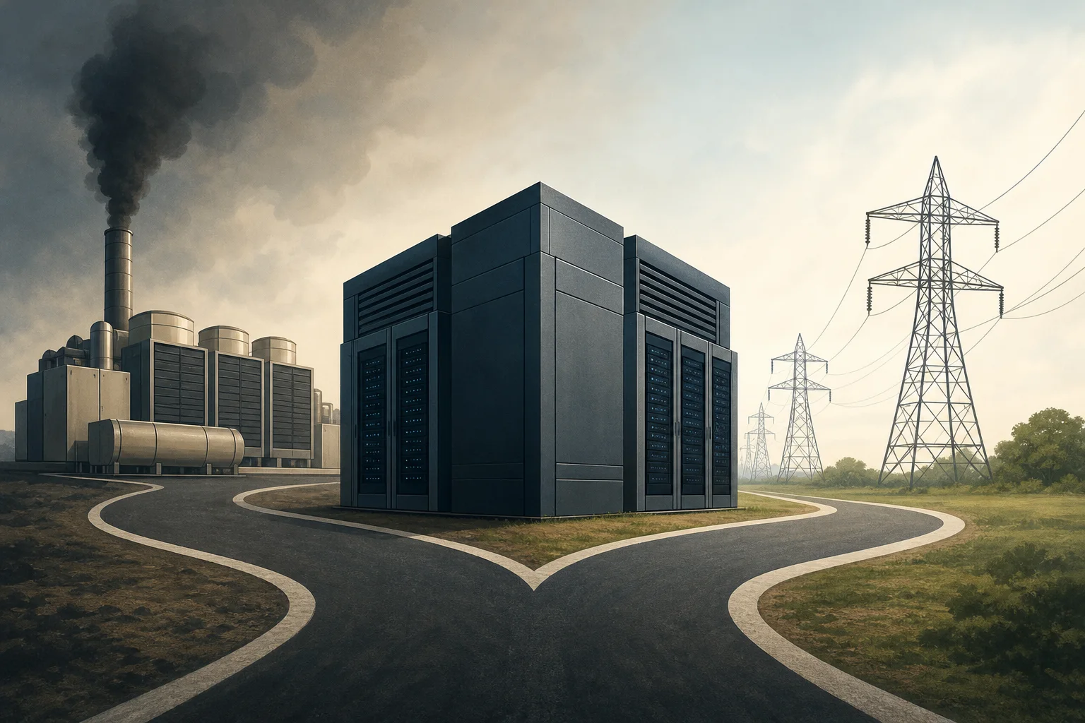 AI-generated story-specific editorial illustration for AI Data Centers Face a Power Choice: Build Around the Grid or Build Beyond It.