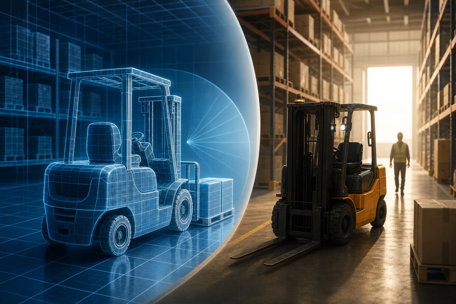 AI-generated story-specific editorial illustration for Simulation’s next job: find the warehouse failure before the forklift does.