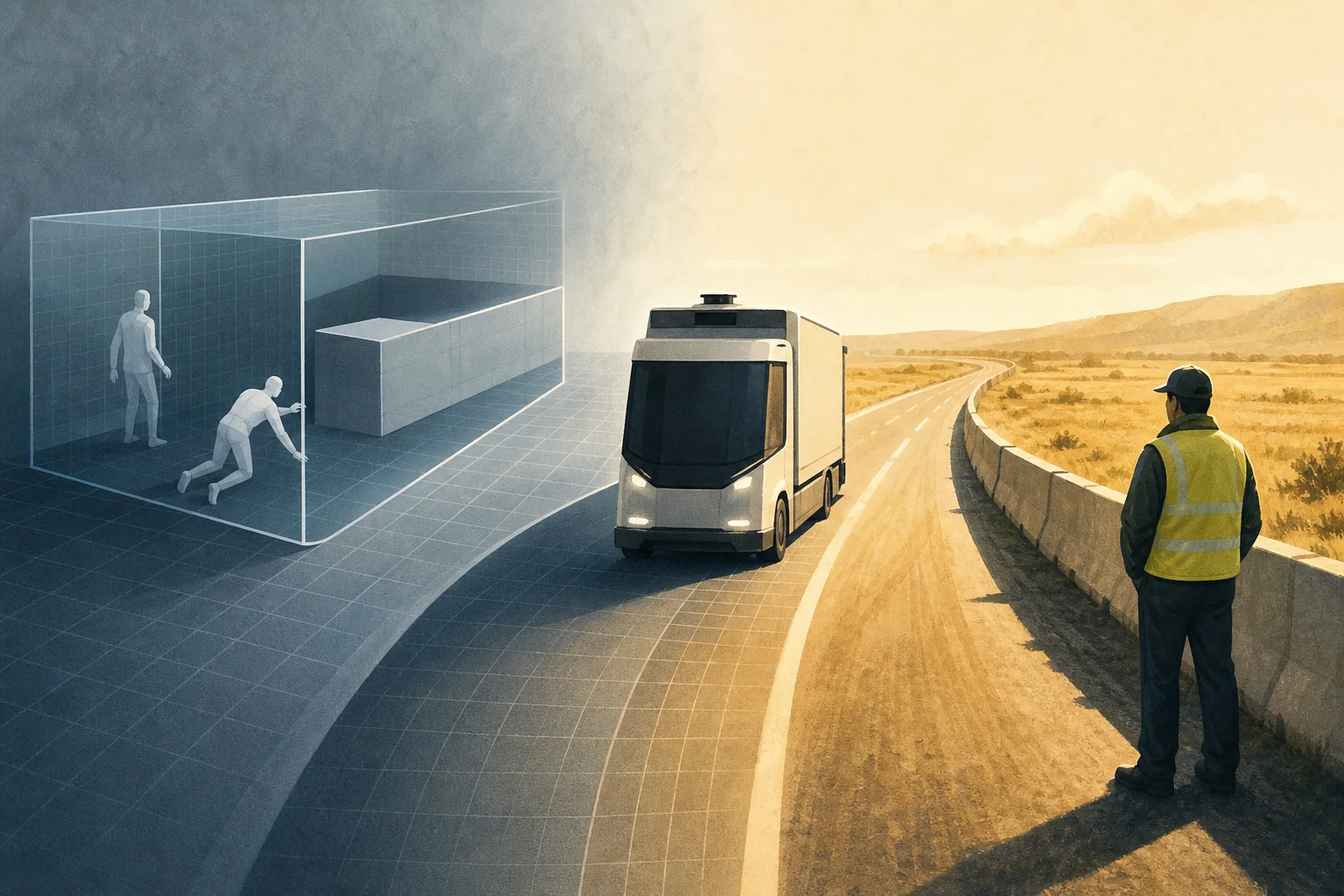 AI-generated story-specific editorial illustration for Simulated Edge Cases Meet a Defined Highway: What Safeworld’s Model Reveals About Kodiak’s Driverless Test.