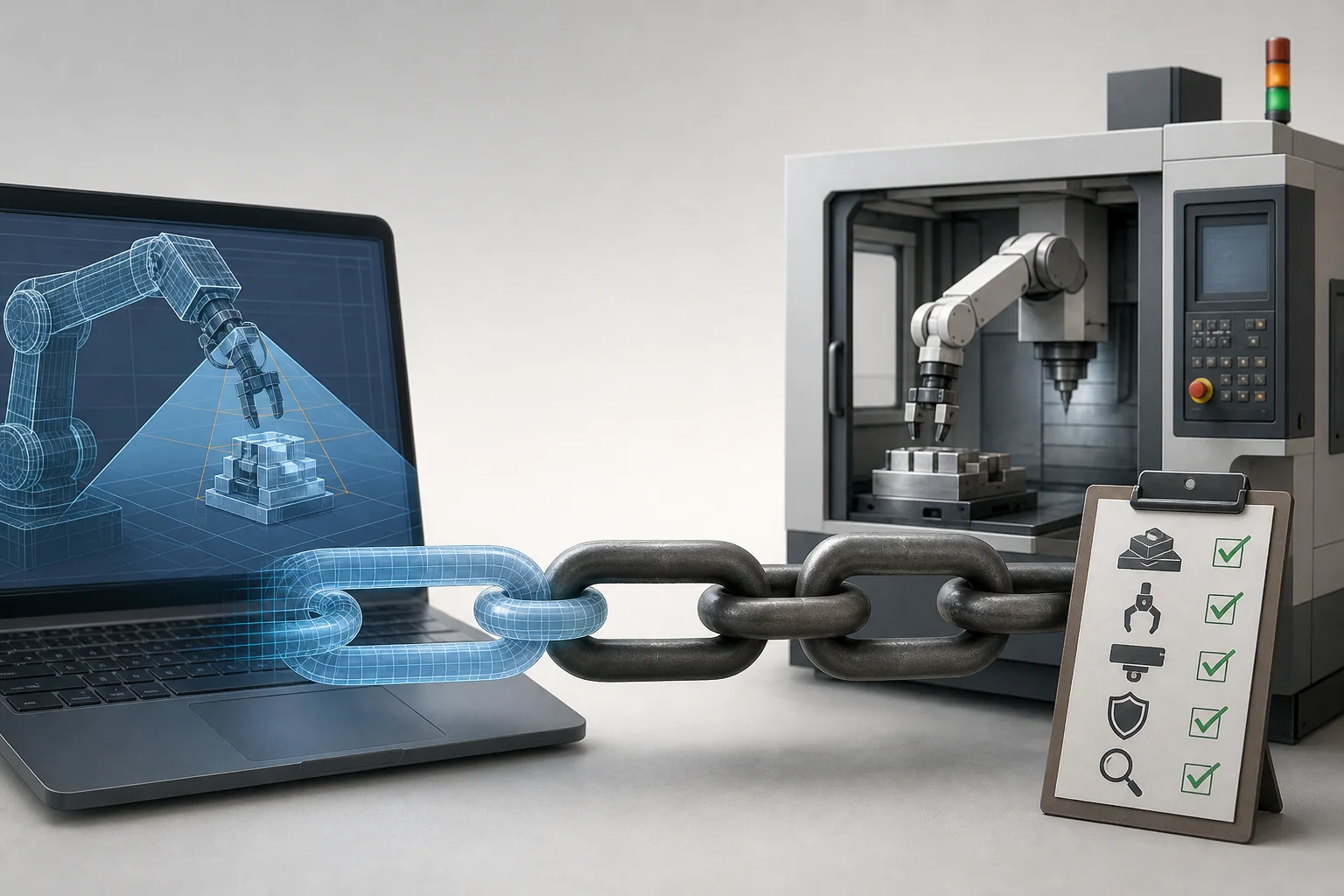 AI-generated story-specific editorial illustration for From RobotCAD to CNC Cells, the Missing Link Is a Deployment Chain.