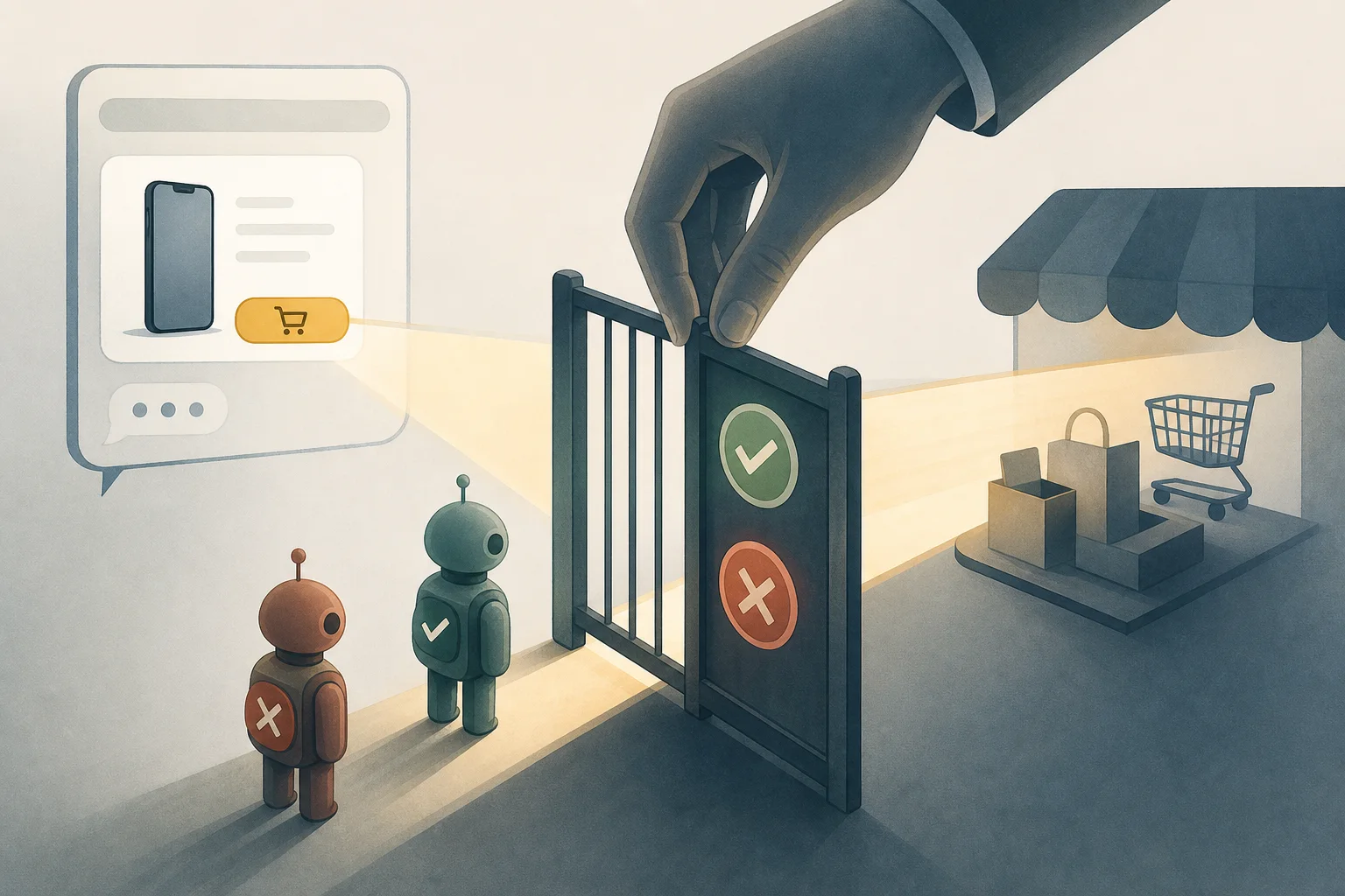 AI-generated story-specific editorial illustration for From AI discovery to checkout, control of the agentic web is moving into the infrastructure layer.