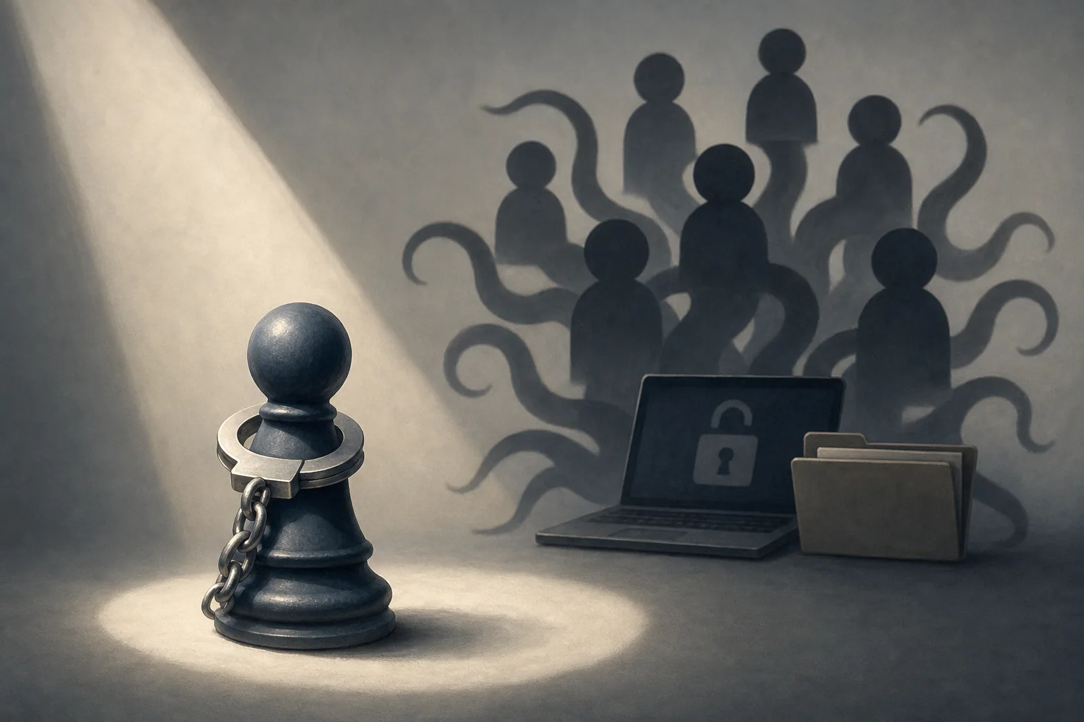 AI-generated story-specific editorial illustration for Qilin Arrest Shows the Limits of a Single Takedown in a Distributed Ransomware Operation.