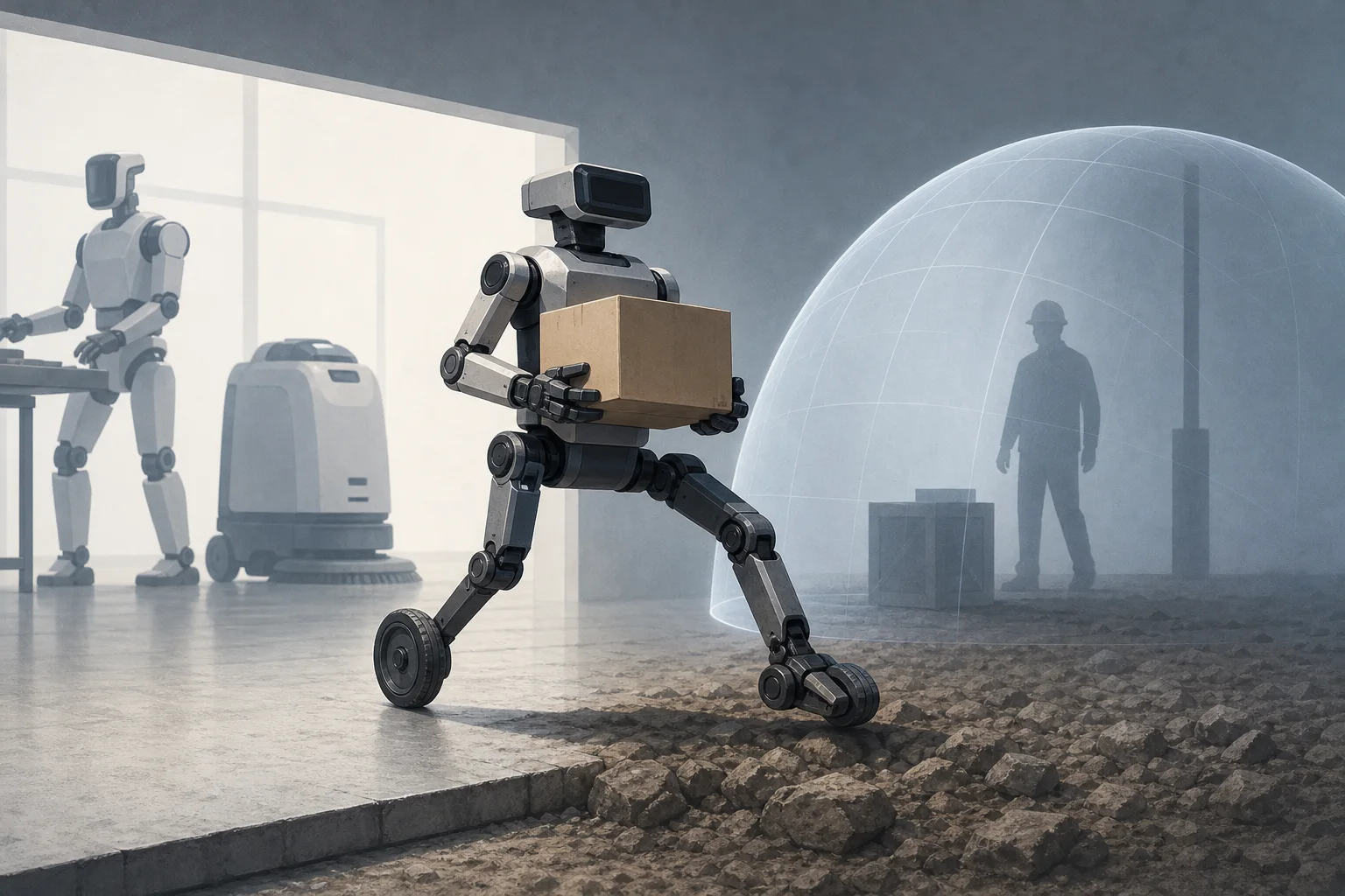 AI-generated story-specific editorial illustration for Beyond bipedalism, Pudu’s mixed-mobility robots sharpen the case for constructive safety controls.