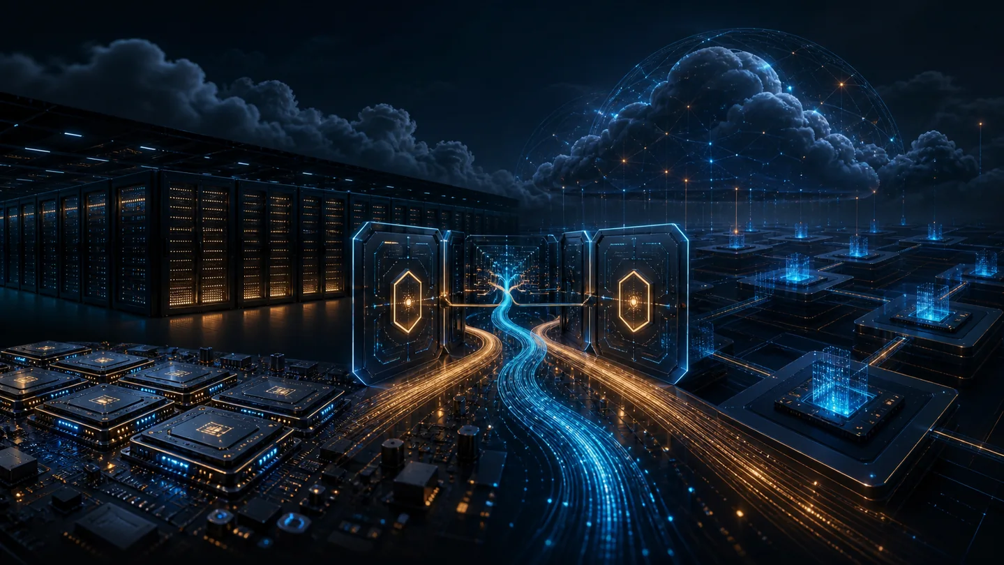 Abstract amber cloud chip array protected by cyan governance gates.