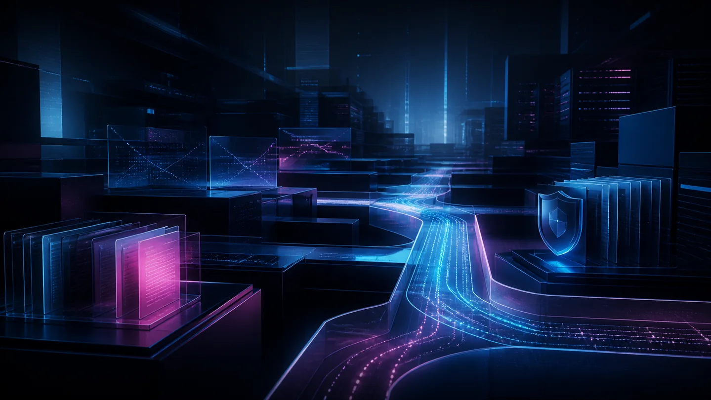 Abstract magenta and cyan agent pathways moving through a protected enterprise data system.