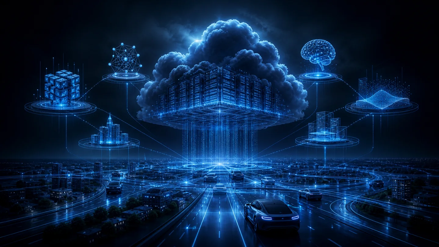 Abstract blue GPU cloud rising behind an AI applications and autonomous mobility network.