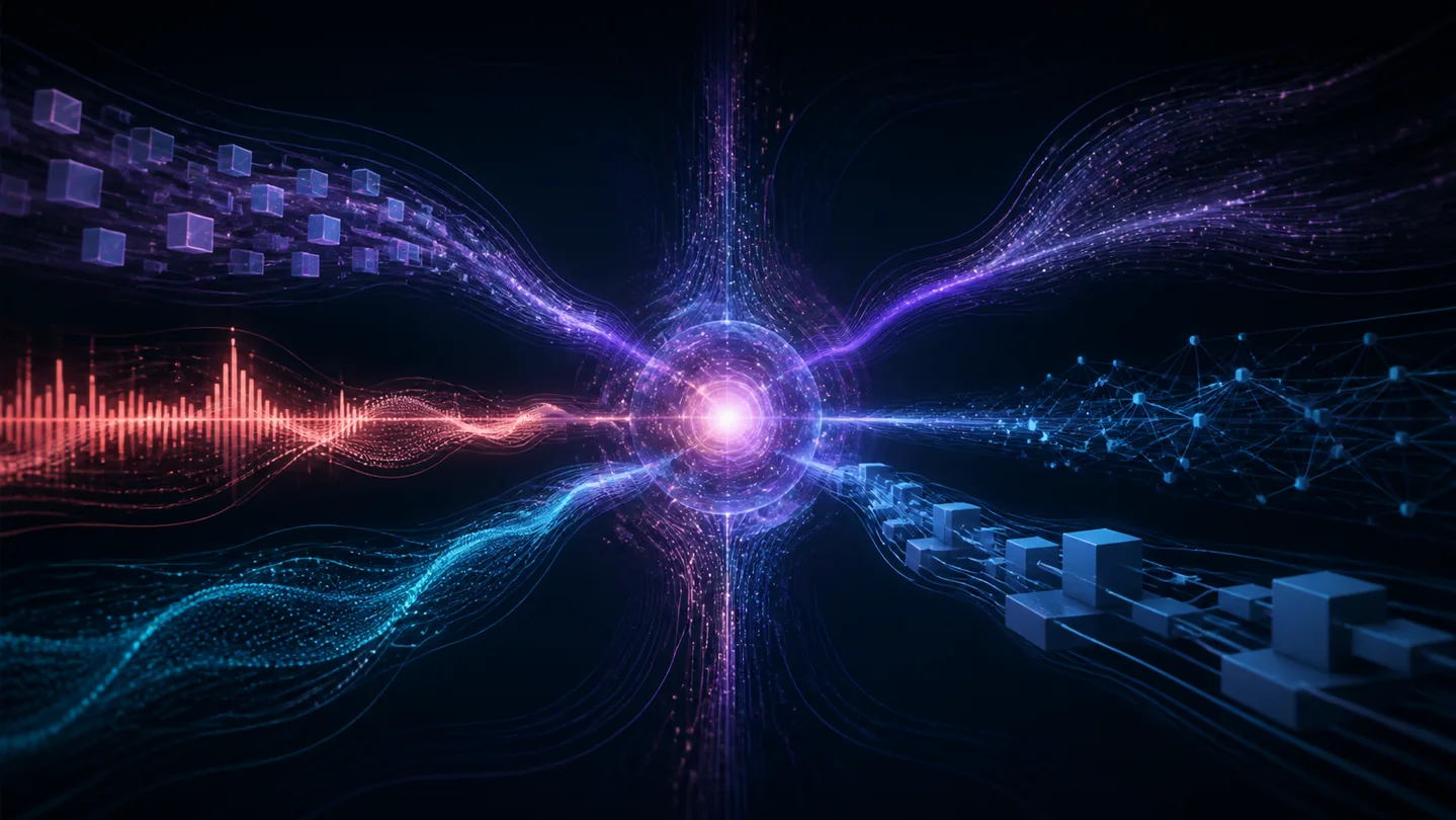 Abstract violet real-time stream fusing sight, sound, speech, and agent tool pathways.