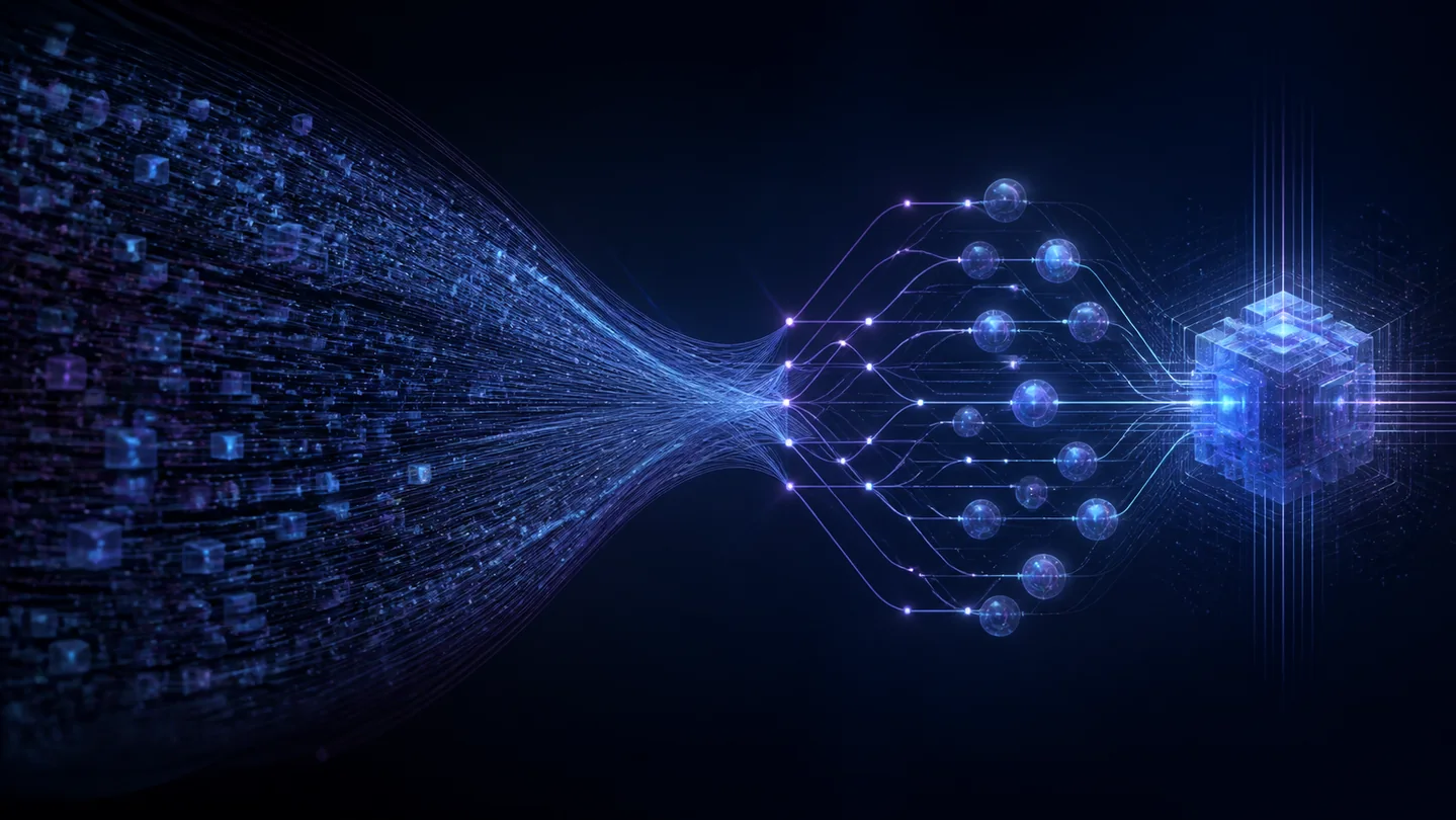 Abstract indigo reasoning network compressing a million-token stream into efficient agent pathways.