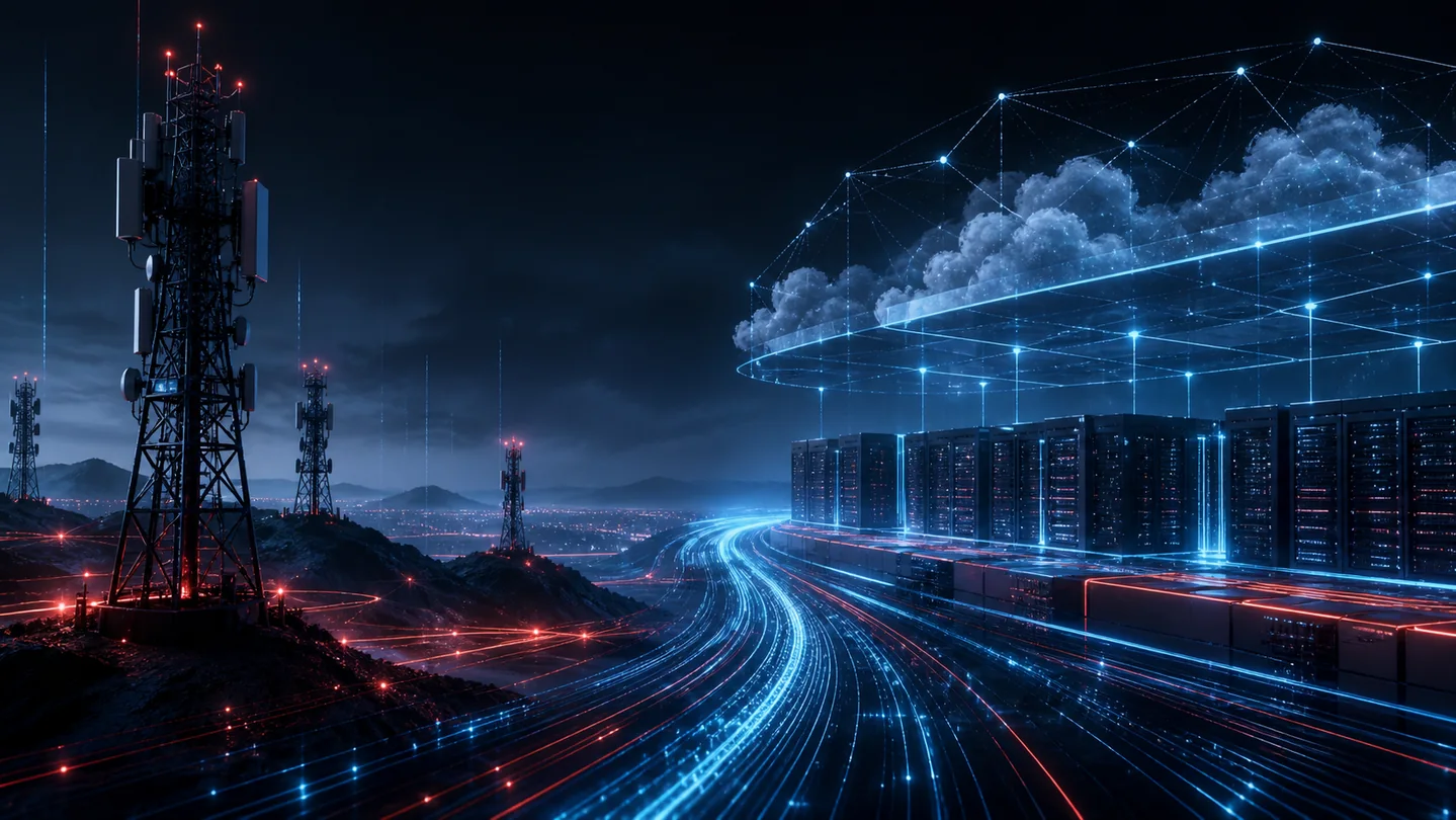 Abstract red and cyan mobile network connected to an Ascend-style AI compute supercluster.
