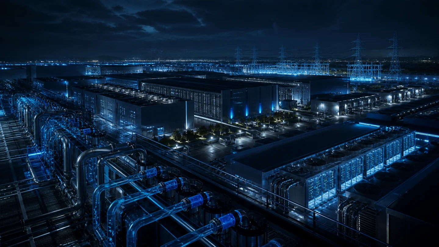 Abstract blue hyperscale data center with liquid cooling loops and power lines.