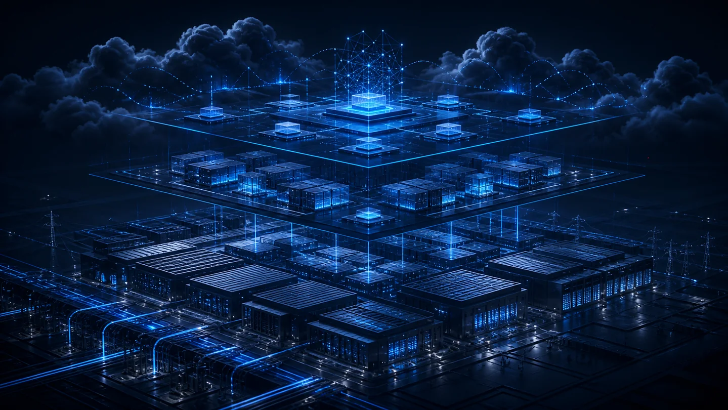 Abstract blue cloud infrastructure expanding through modular data center blocks and power feeds.