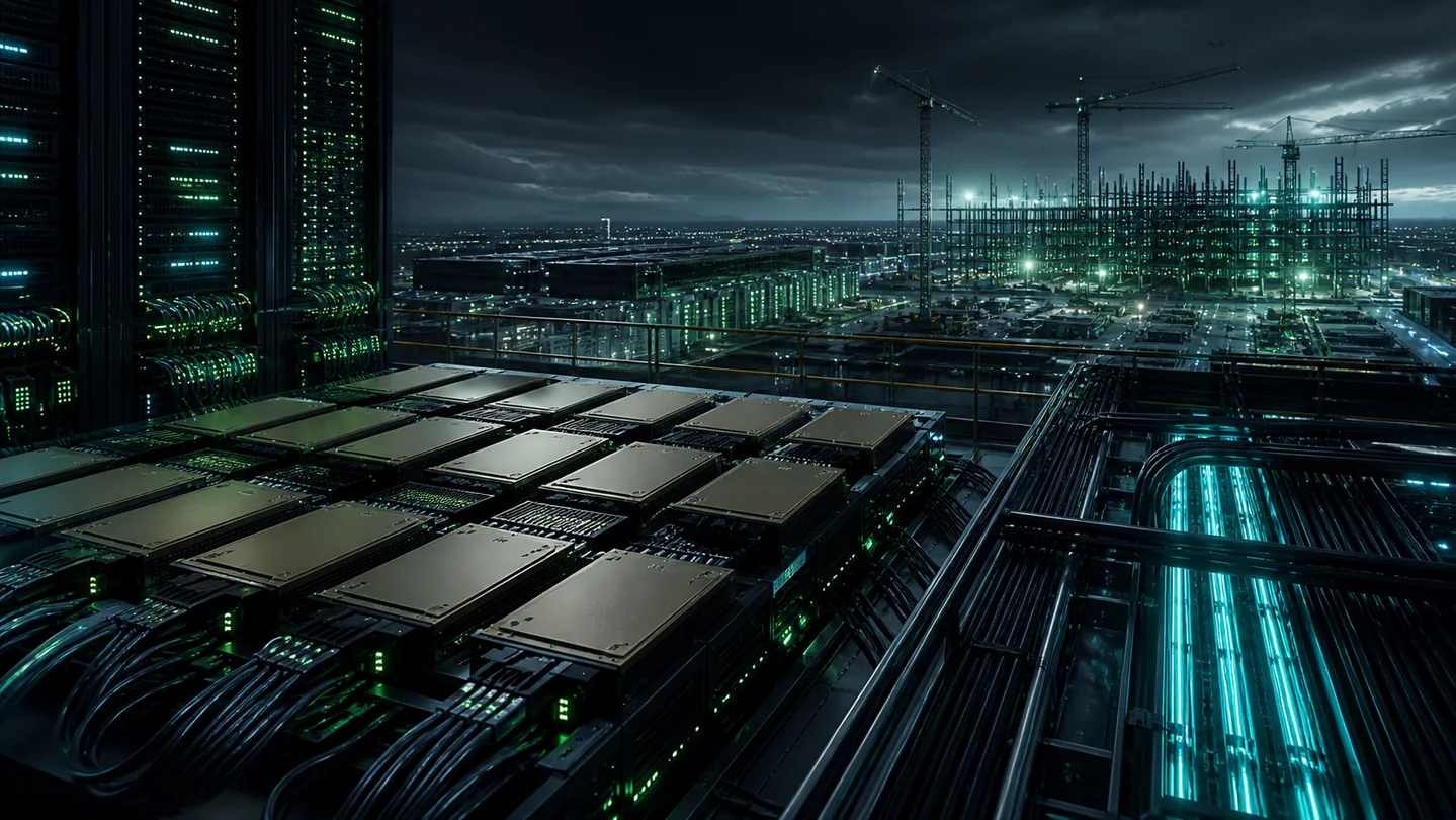 Abstract emerald AI chip factory linked to capital and data center construction pathways.
