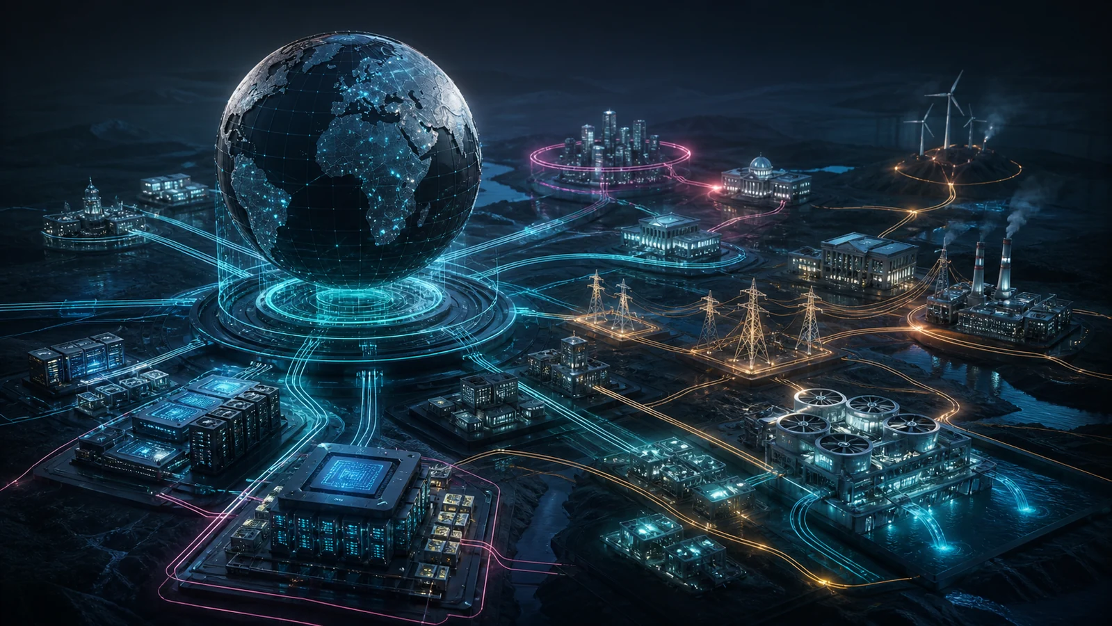 A dark global AI infrastructure system connecting a globe to chips, data centers, power grids, capital, policy, and communities.