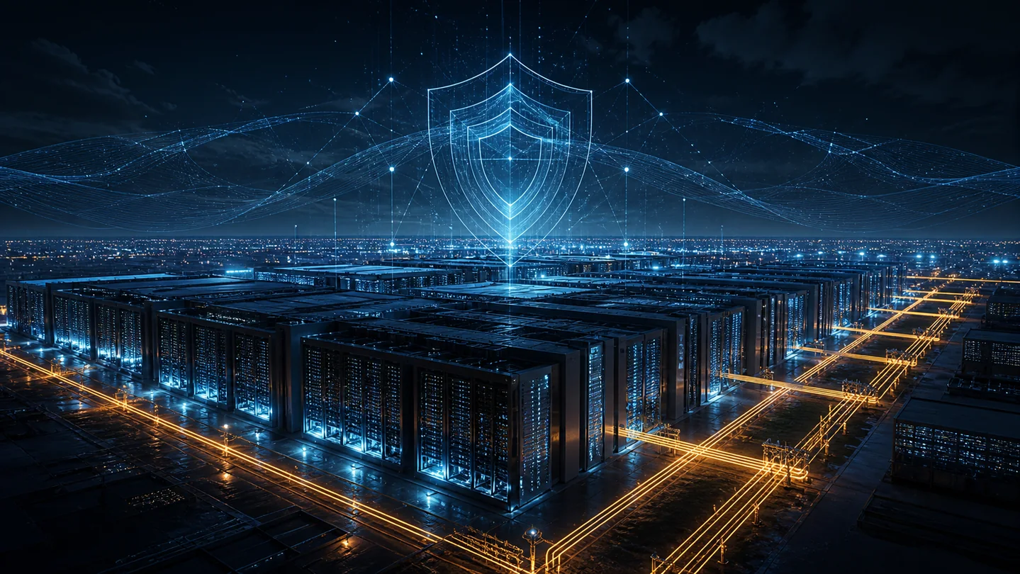 Abstract cyan security lattice surrounding a large AI compute campus at night.
