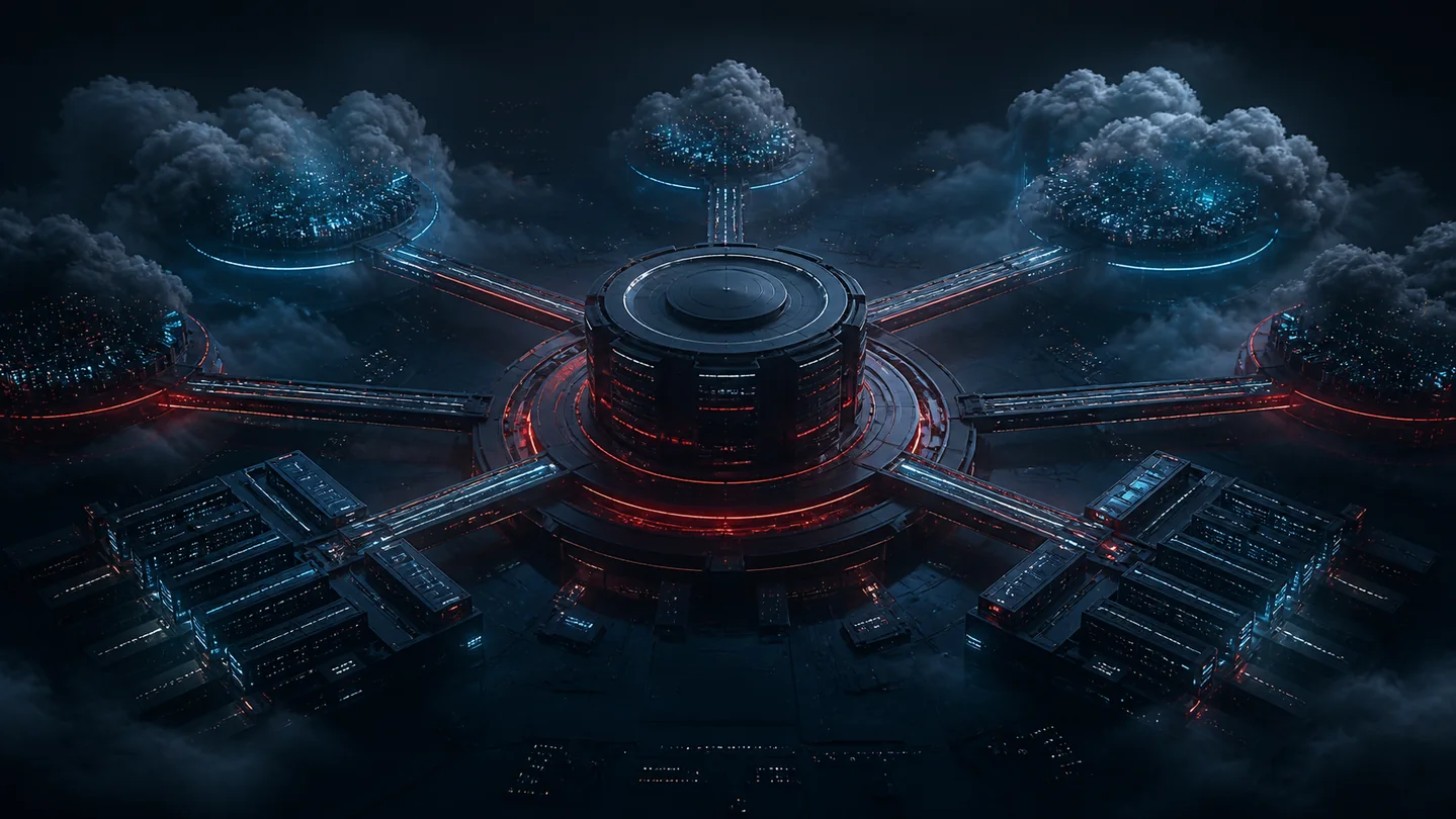 Abstract red and cyan database core connected by secure multicloud bridges.