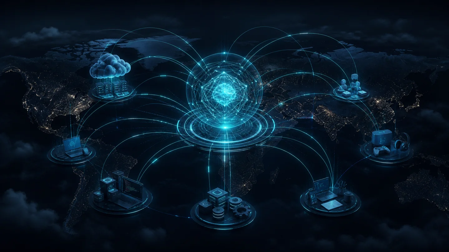 Abstract teal global cloud network linking an open AI model to products and developer tools.