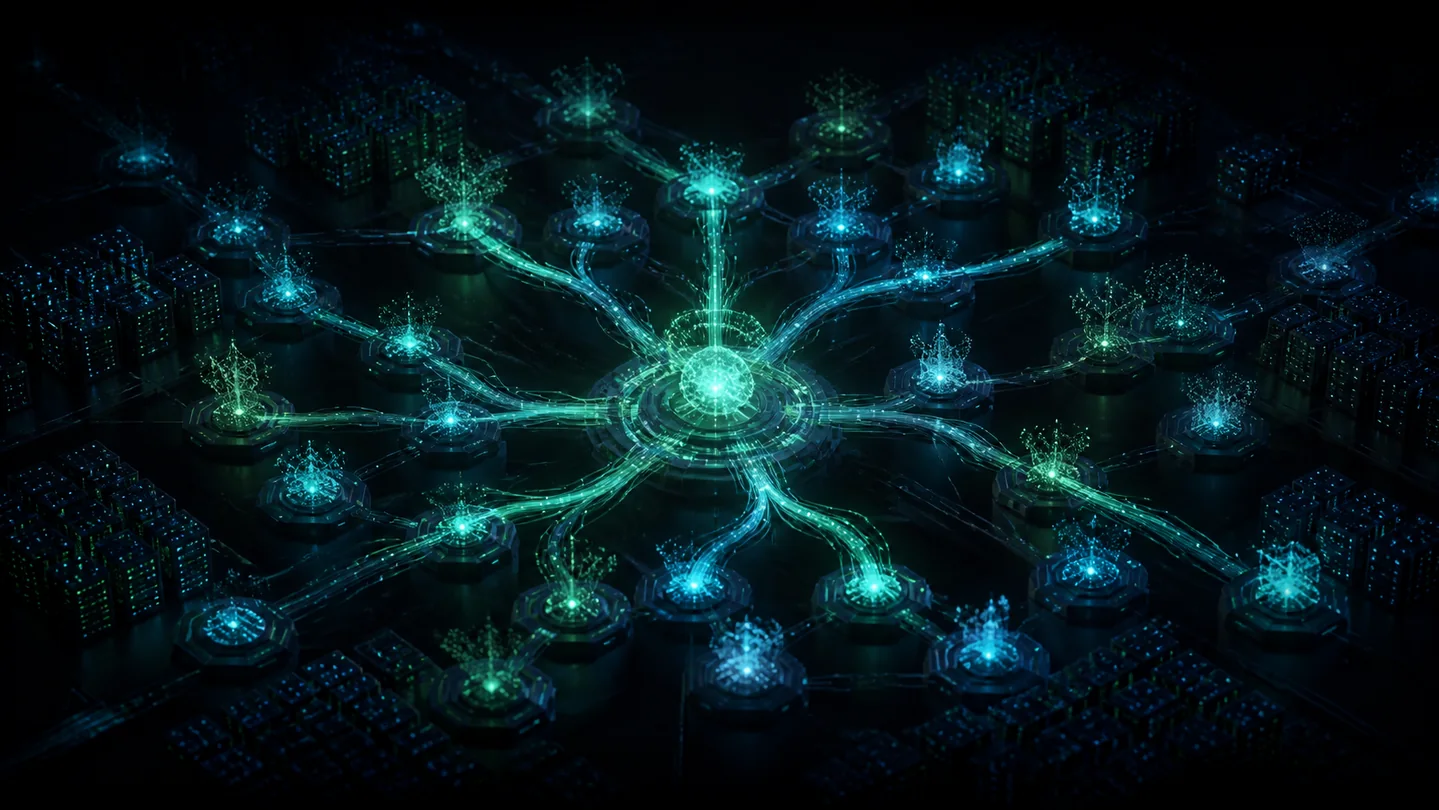 Abstract green and cyan autonomous agent network operating across a dense compute cluster.