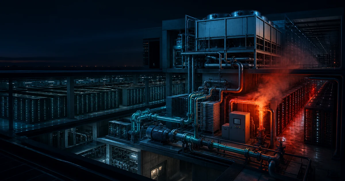 A cutaway data center shows cool cyan server halls and cooling machinery as a controlled red heat plume emerges from a failed coolant loop.