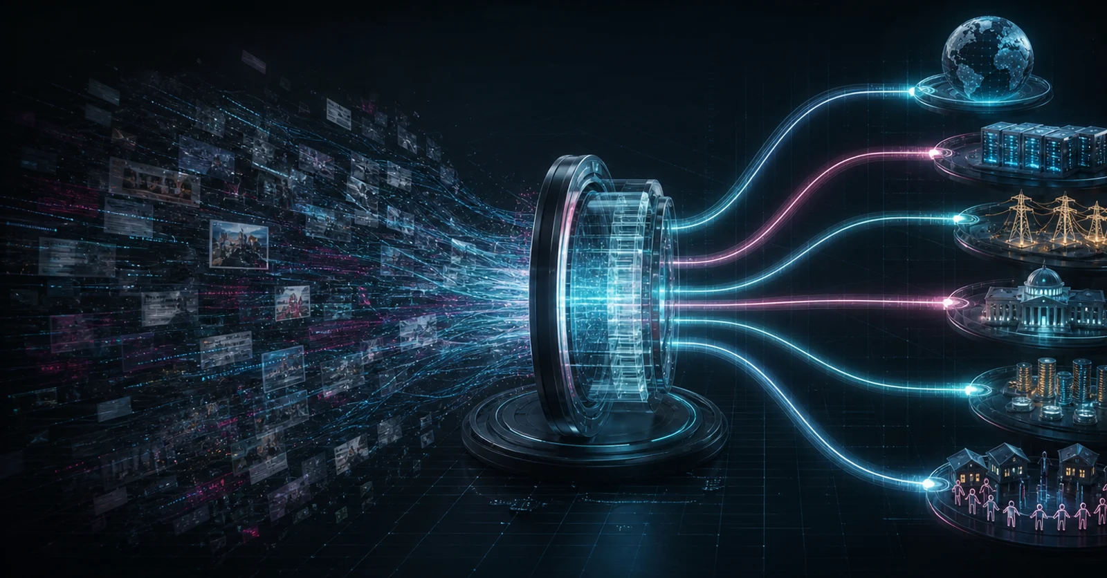 A dark editorial intelligence system filters a dense stream of source material into five clear paths connected to a globe, data centers, the electric grid, government, capital, and communities.