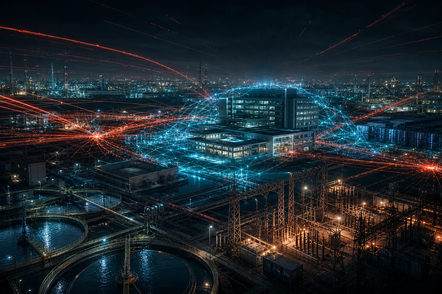 Hospitals, water systems, power infrastructure, and data centers are surrounded by a cyan defensive network as red automated attack paths converge across the night landscape.
