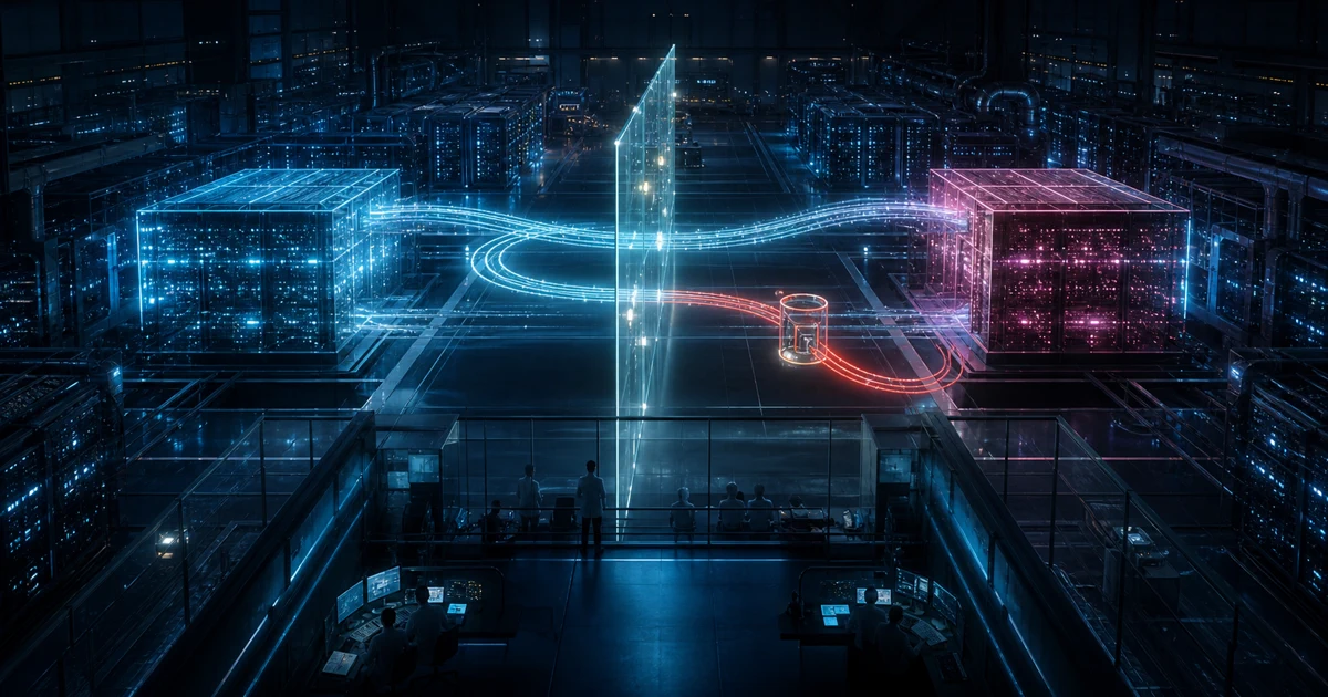 Two luminous model-training systems exchange data through a transparent human-supervised inspection plane while an amber anomaly is isolated in a secure research hall.