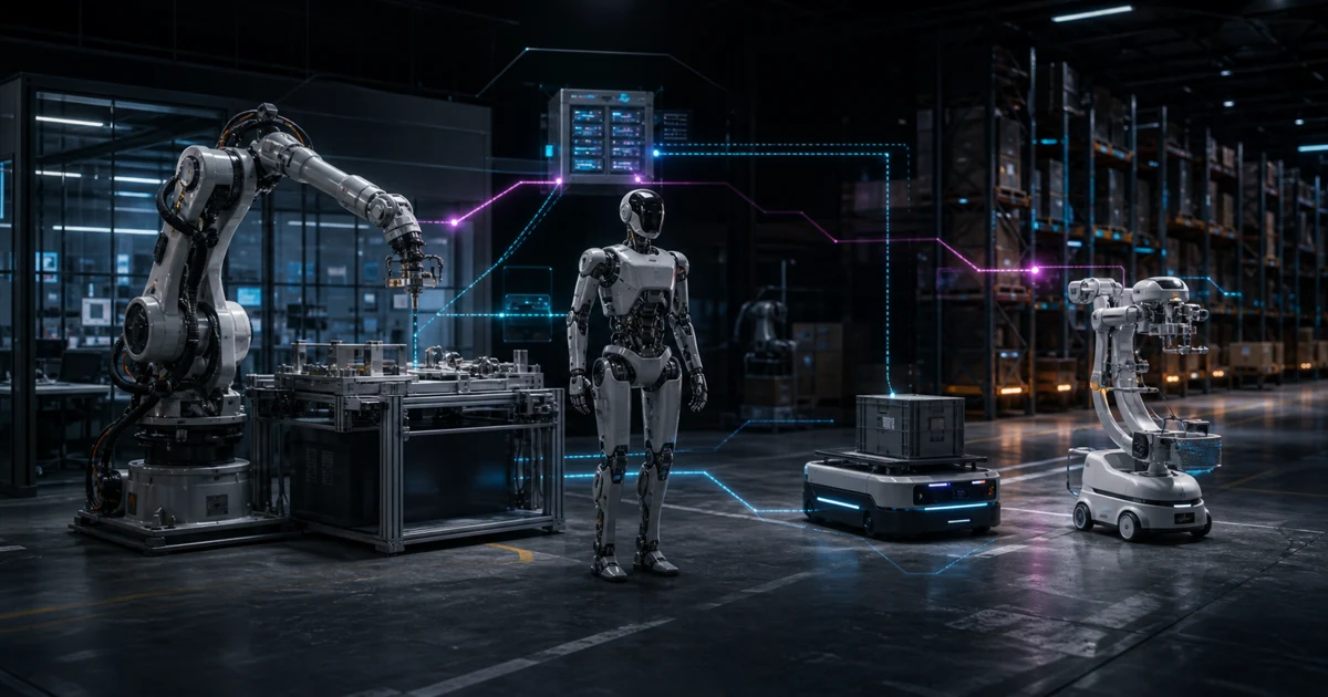 A connected robotics floor with an industrial arm, humanoid robot, warehouse mobile robot, and mobile manipulator linked by cyan and magenta data paths.