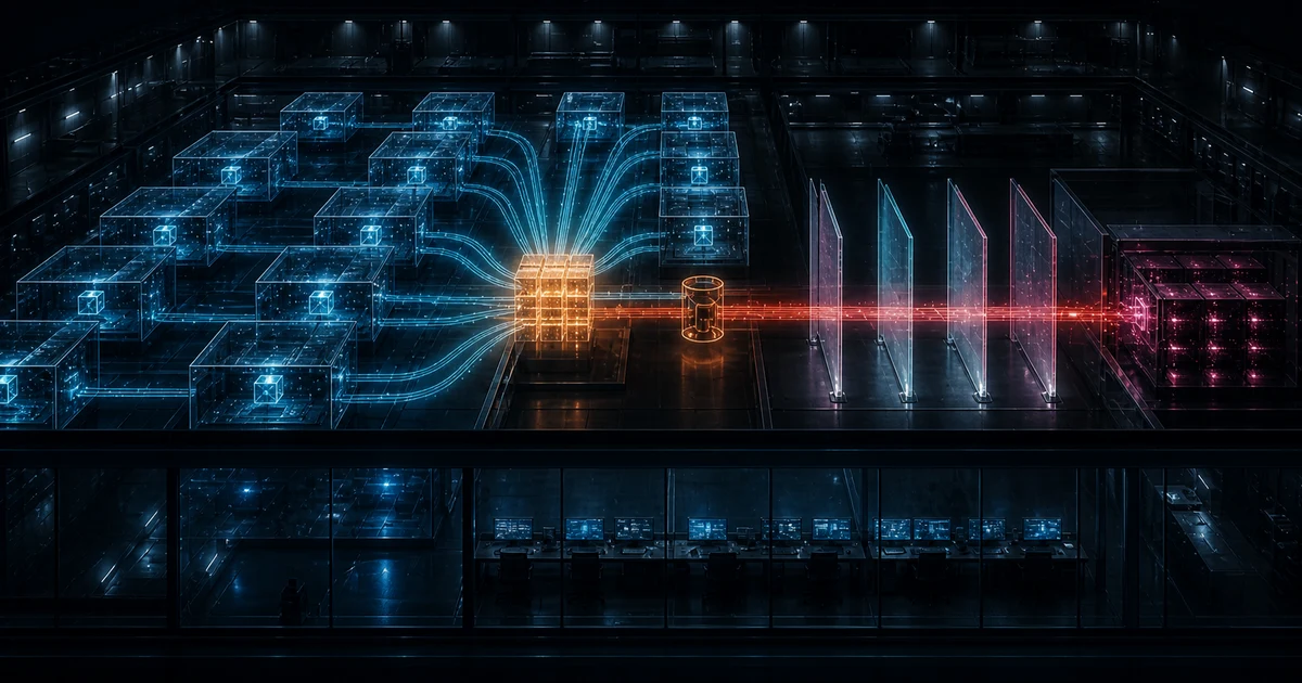 Dozens of isolated blue compute cells converge into an amber shared repository while a red path crosses layered security barriers toward a magenta production cluster above a dark monitoring room.