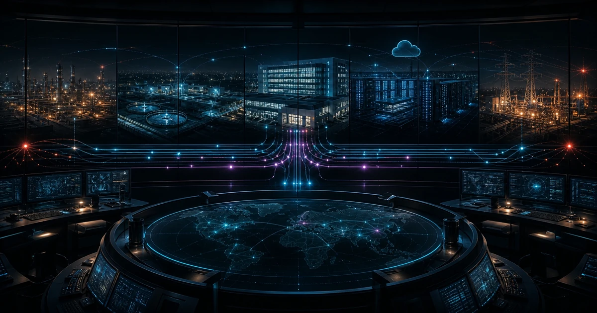 A dark global cybersecurity newsroom connects a circular world monitoring desk to a hospital-like institution, data center, water system, industrial facility, and power grid through restrained cyan and magenta signal paths.