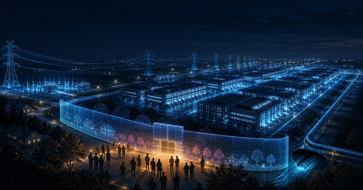 A large illuminated data-center campus sits between transmission lines and water pipes while a group of residents gathers outside a transparent planning boundary.