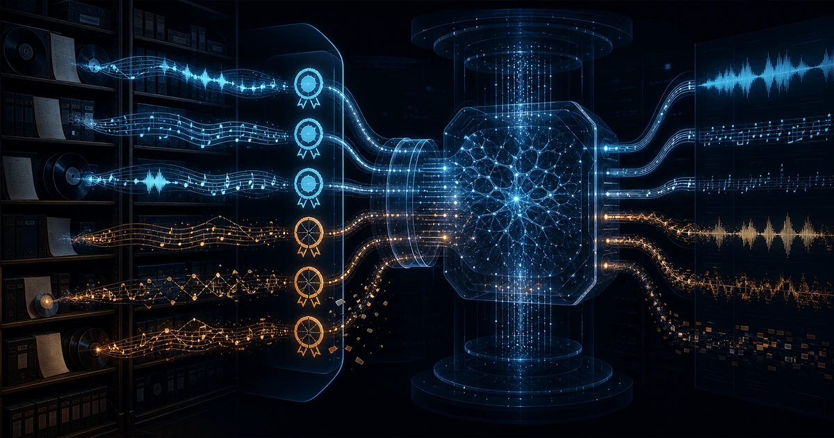 Blue and amber streams of musical notation, audio waveforms, and rights markers pass from an archive through a transparent data gate into an AI model.