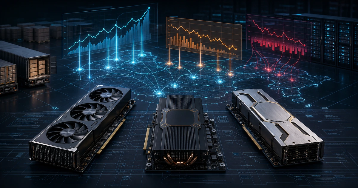 Three different AI accelerator boards sit on a map of China beneath blue growth, amber margin, and red loss charts in a dark server room.