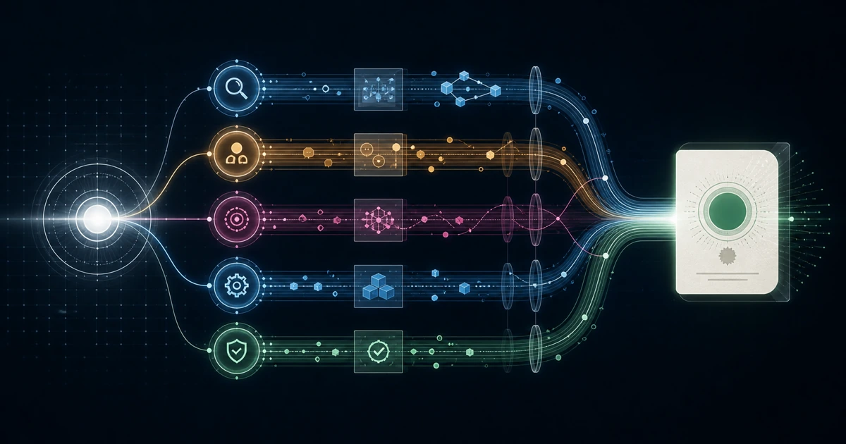 One luminous directive divides into five color-coded agent workstreams for evidence, human context, risk, implementation, and verification before converging into a single finished publication artifact.