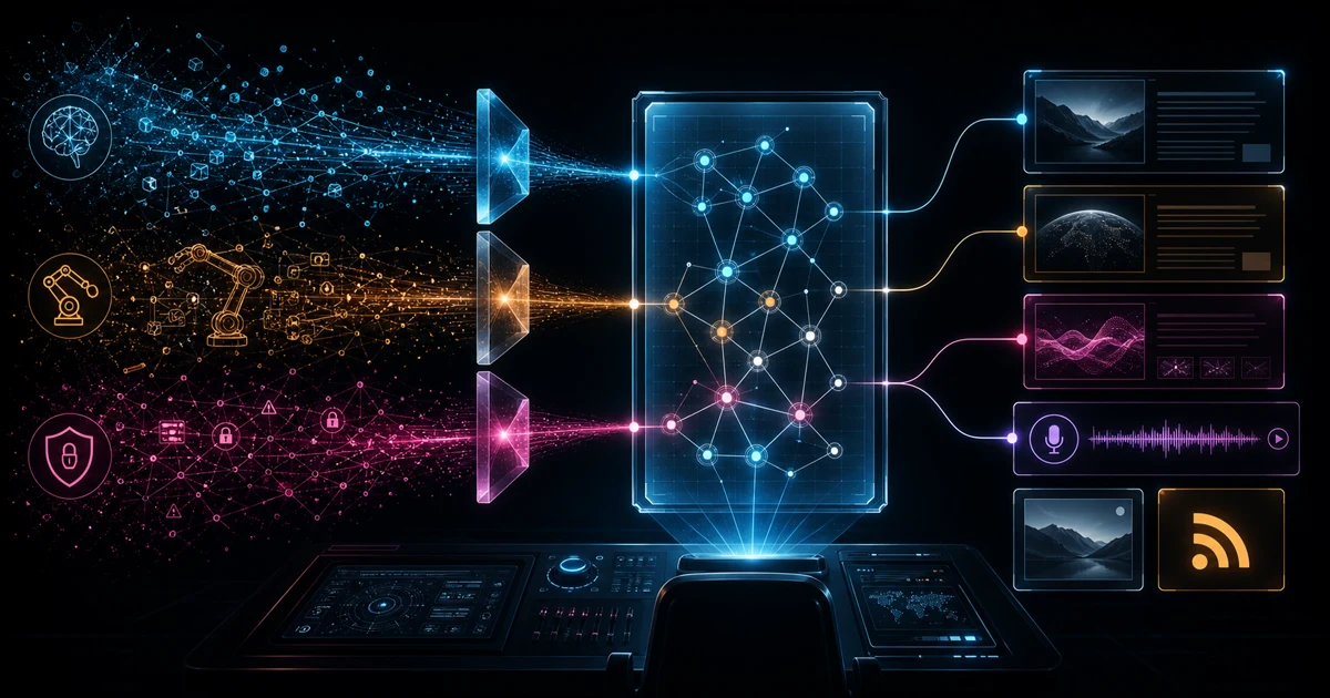 Three streams for artificial intelligence, robotics, and cybersecurity pass through editorial lenses into a source-linked evidence ledger, then branch to article, image, podcast, and feed outputs.