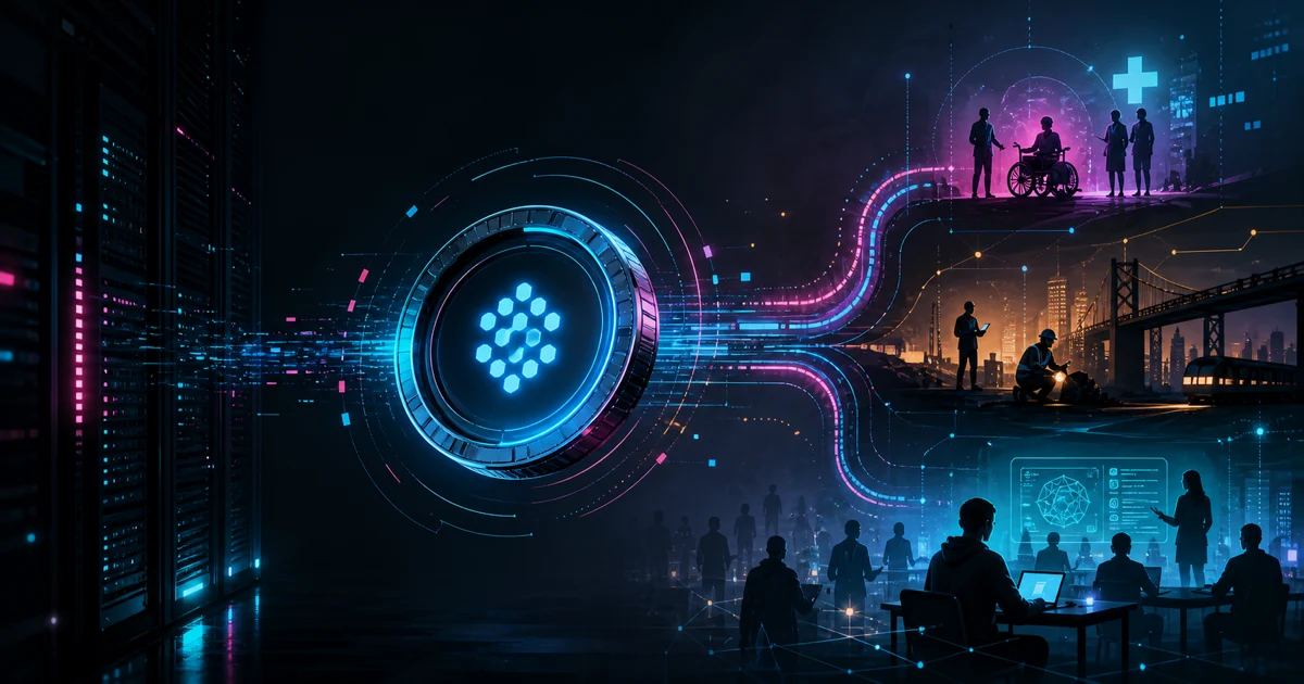 A luminous token meter divides streams of AI computation between a data center, workers, public care, and infrastructure.