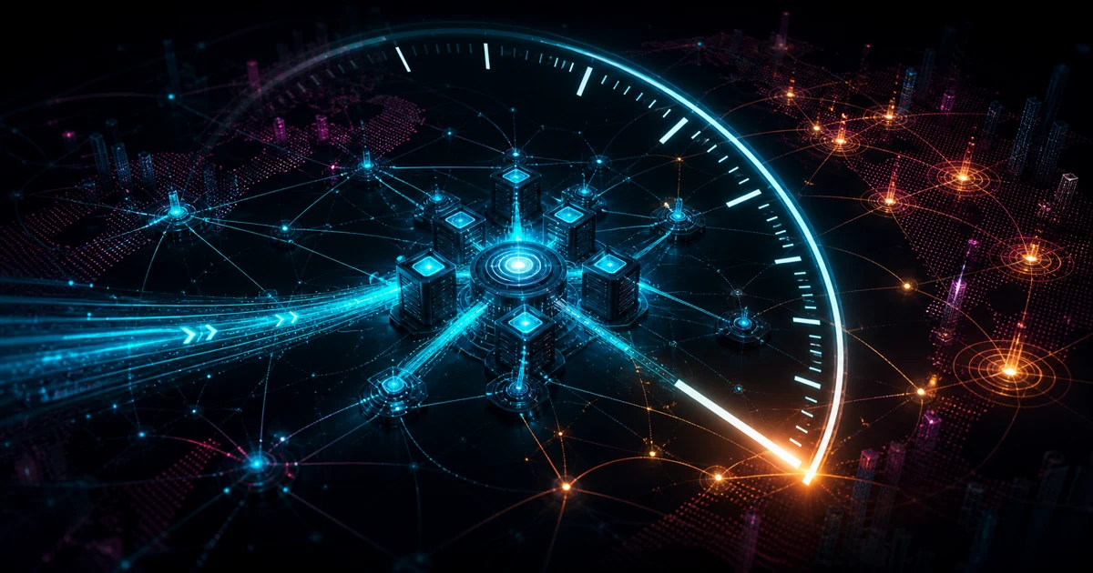 A compressed clock surrounds interconnected financial and cloud infrastructure nodes, illustrating shrinking cyber-response windows.