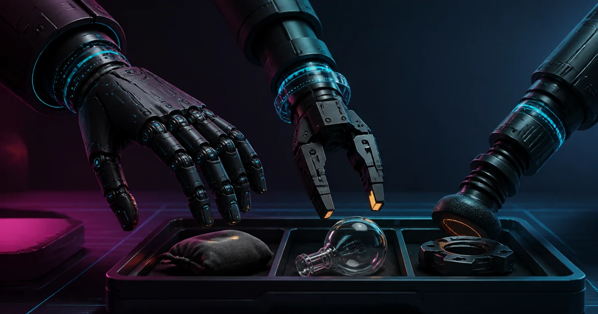 A five-finger robot hand, a two-finger gripper, and a tactile warehouse tool reach toward fragile, rigid, and deformable objects.