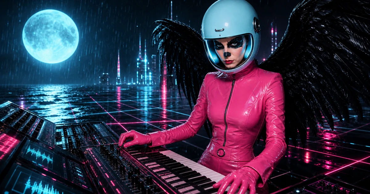 Clarapetra, wearing a cyan helmet, lacquer-pink suit, and black wings, performs at a physical synthesizer beneath a cyan moon in the rain-soaked Pretty Machine world.